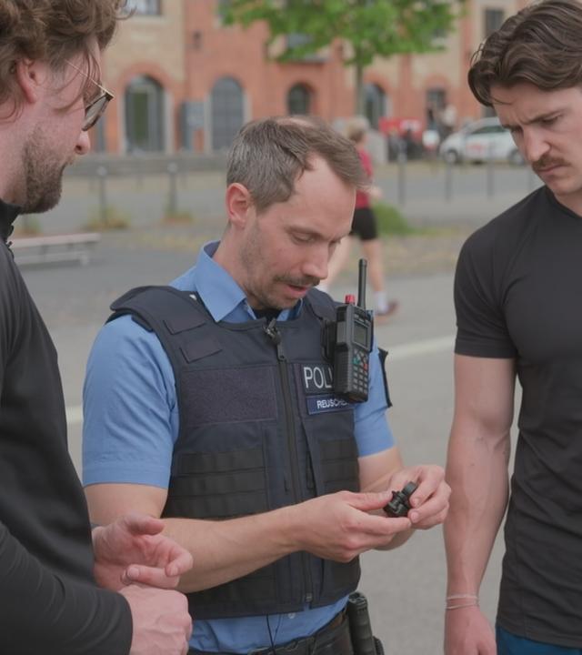 Ein Polizist schaut sich mit zwei Männern ein System an, was gegen Fahrraddiebstahl helfen soll.