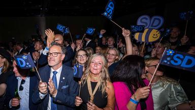Politiker der schwedischen Partei Schwedendemokraten wedeln mit Wimpeln ihrer Partei oder klatschen in die Hände.