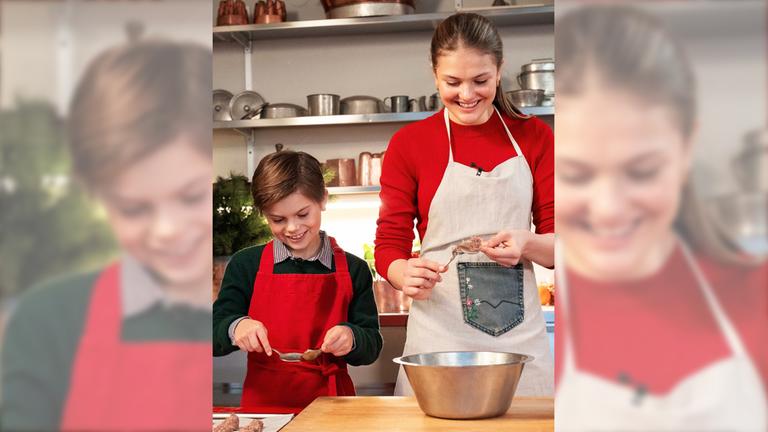 Prinzessin Victoria und ihr Sohn beim Kochen.