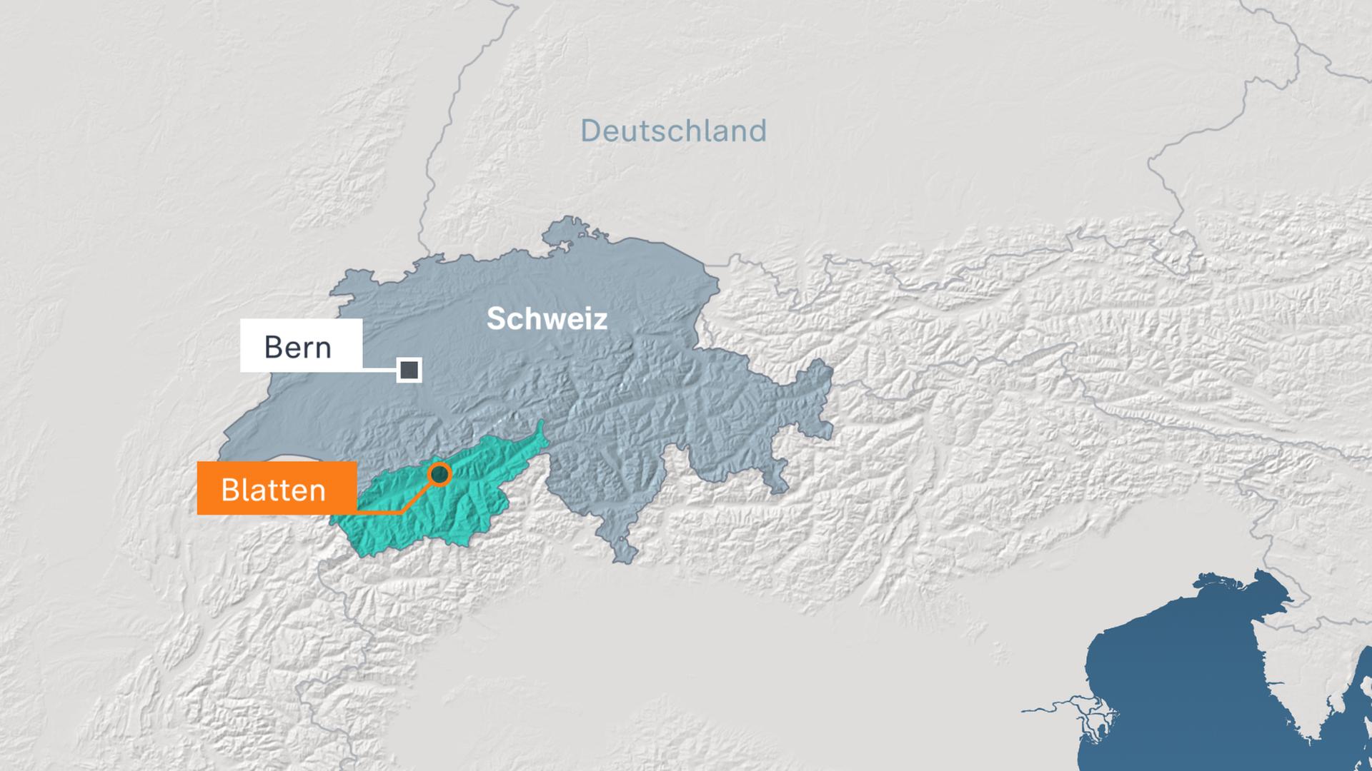 Karte zeigt das Dorf Blatten und die Hauptstadt Bern in der Schweiz.