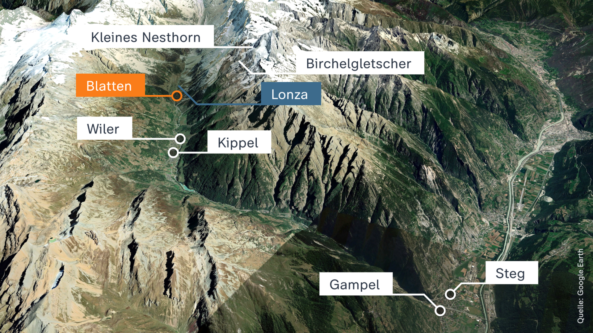 Karte des Katastrophengebietes in der Schweiz mit der Kennzeichnung der betroffenen Orte