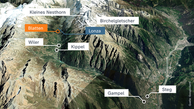 Karte des Katastrophengebietes in der Schweiz mit der Kennzeichnung der betroffenen Orte