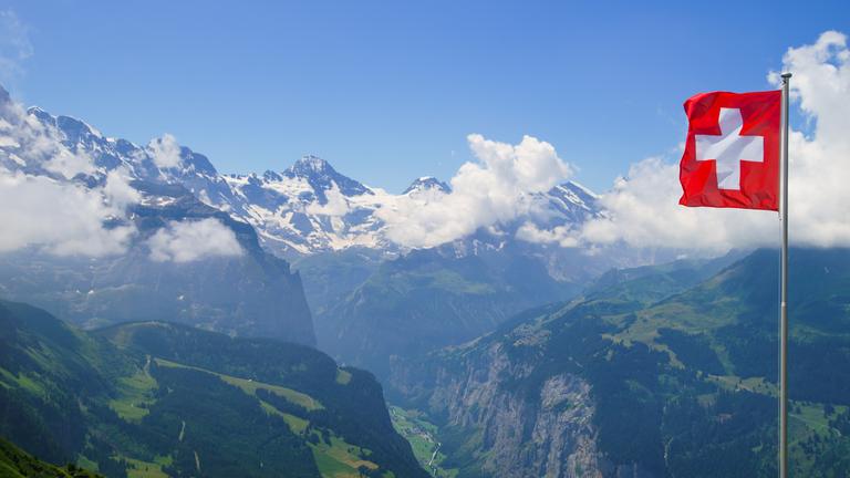 Alpine peaks landskape background. Lauterbrunnen, Jungfrau, Bernese highland.