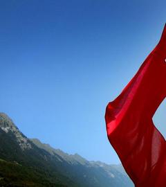 Schweizer Flagge vor einem Bergsee