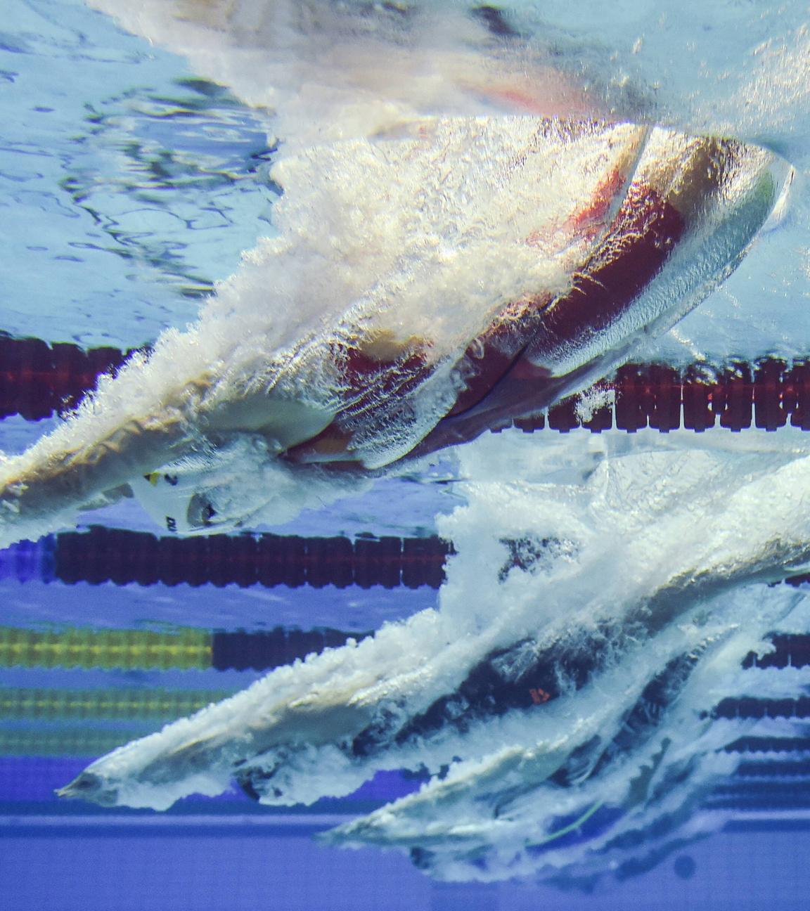Schwimmerinnen tauchen nach dem Start ins Wasser ein