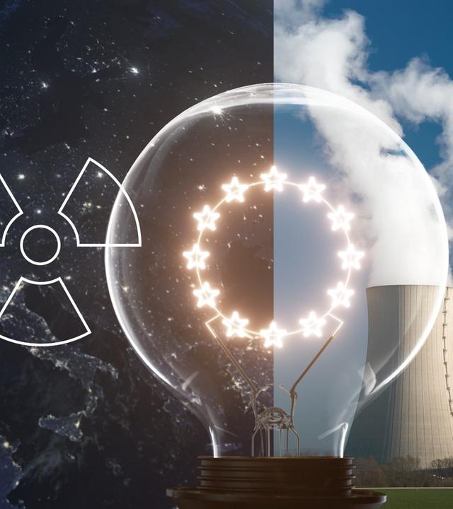 Satellitenbild EU bei Nacht mit grafischem Atom-Zeichen und Foto Kühlturm eines Atomkraftwerkes