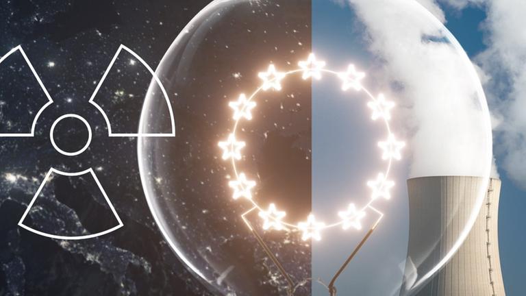 Satellitenbild EU bei Nacht mit grafischem Atom-Zeichen und Foto Kühlturm eines Atomkraftwerkes
