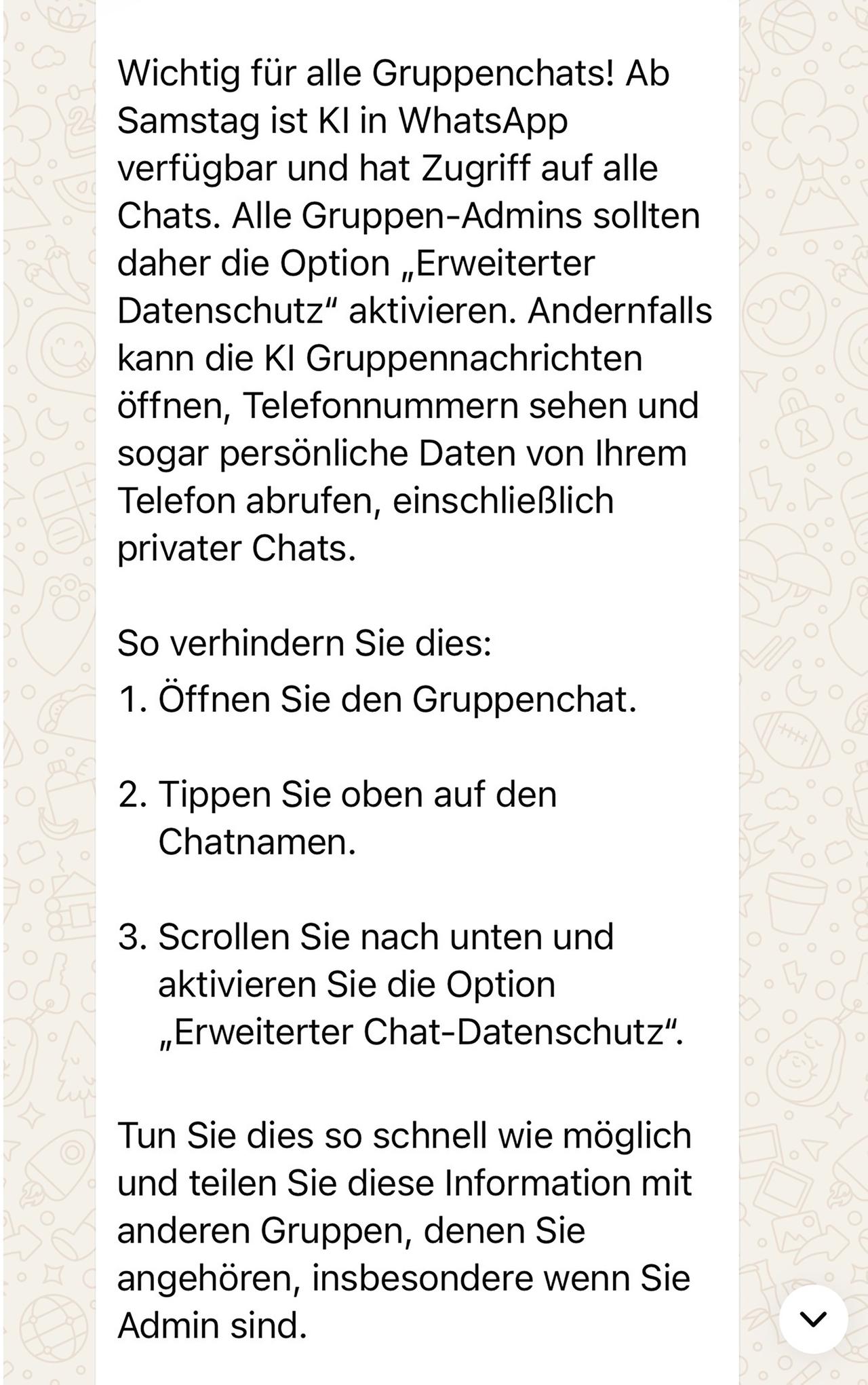Screenshot des Kettenbriefs bei WhatsApp (08.06.2026) 