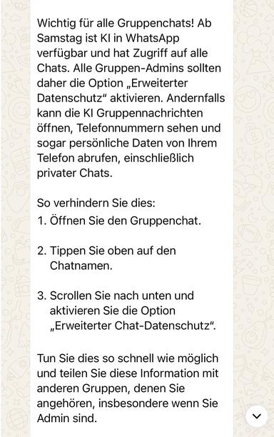 Screenshot des Kettenbriefs bei WhatsApp (08.06.2026) 