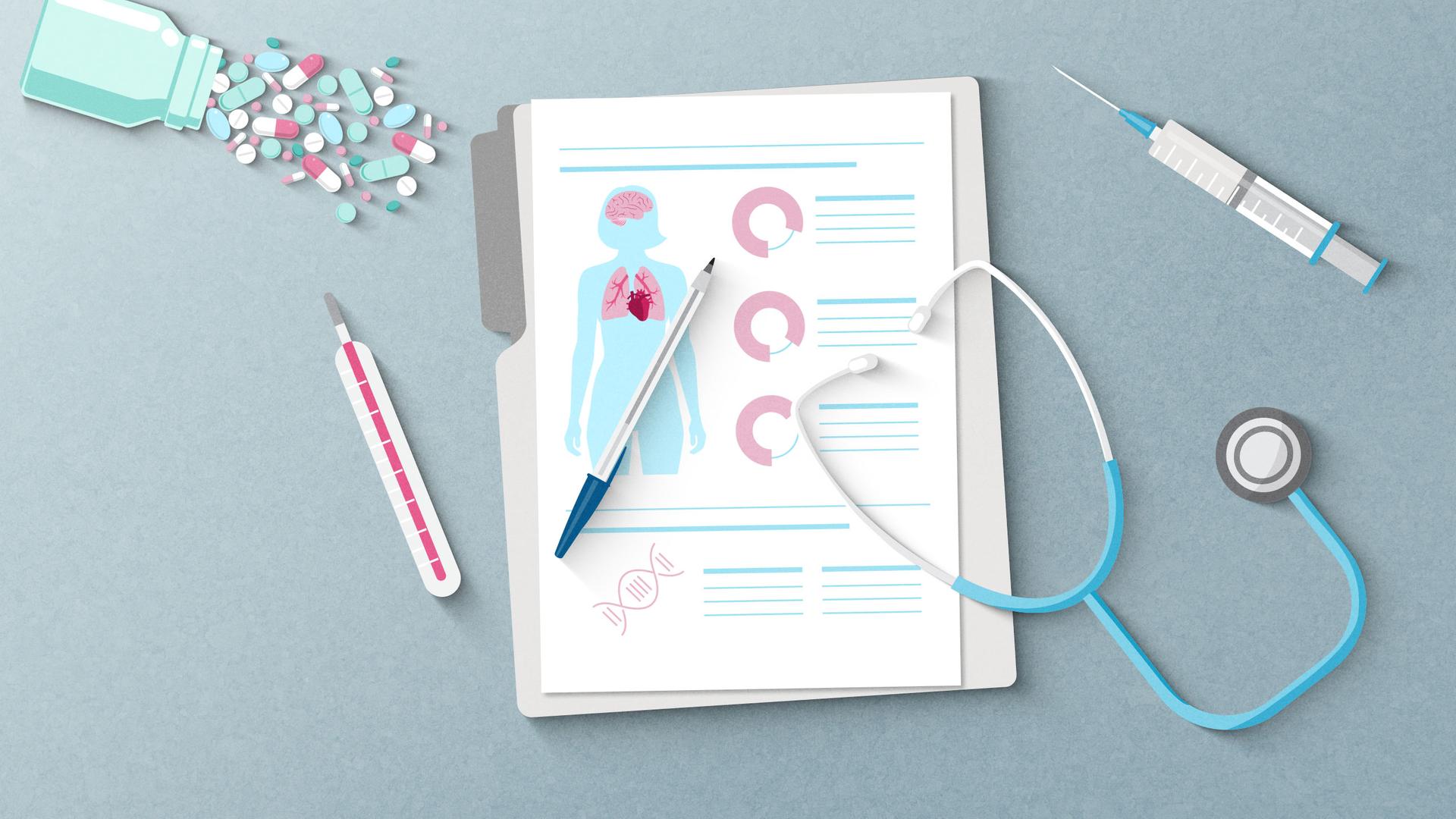 Illustration zum Thema Long Covid: Patientenakte und Abhörgerät