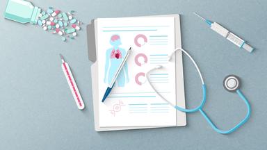 Illustration zum Thema Long Covid: Patientenakte und Abhörgerät