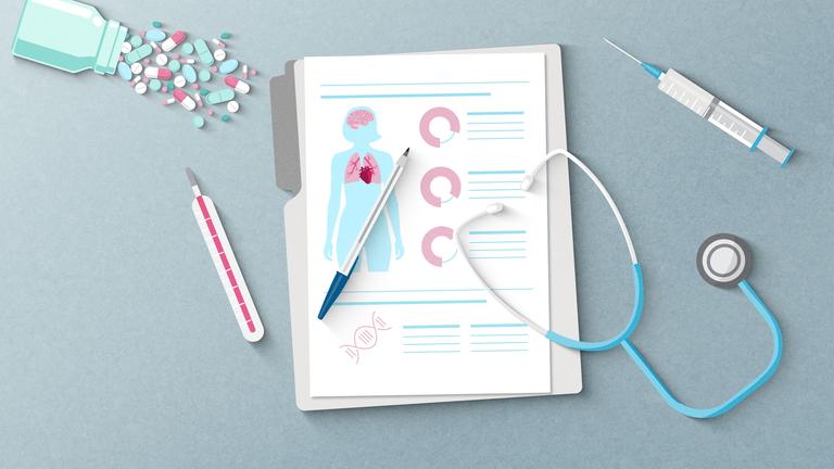 Illustration zum Thema Long Covid: Patientenakte und Abhörgerät