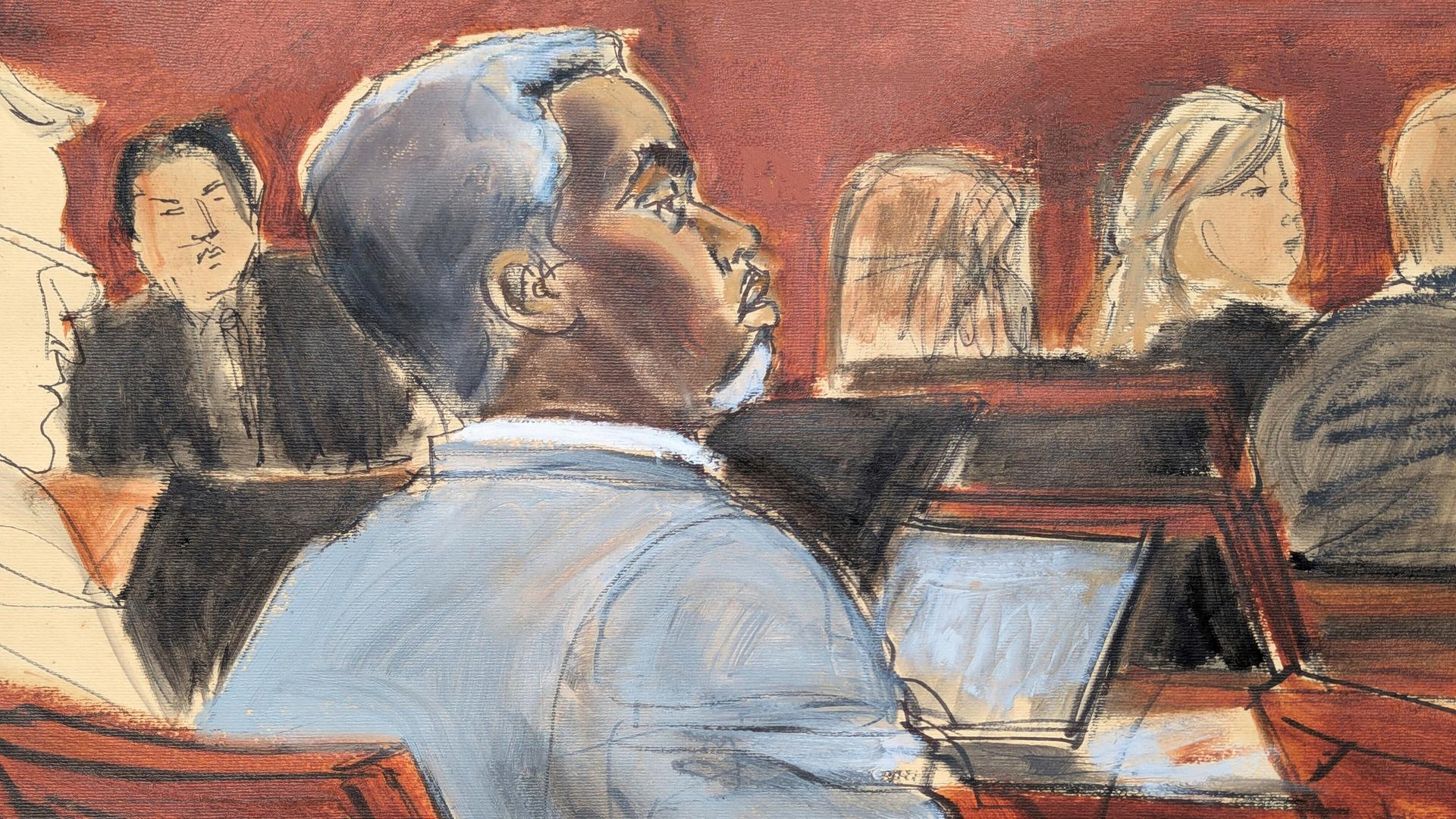 Die Gerichtszeichnung zeigt Sean 'Diddy' Combs, der den Eröffnungsplädoyers am ersten Verhandlungstag vor dem Bundesgericht in Manhattan zuhört.
