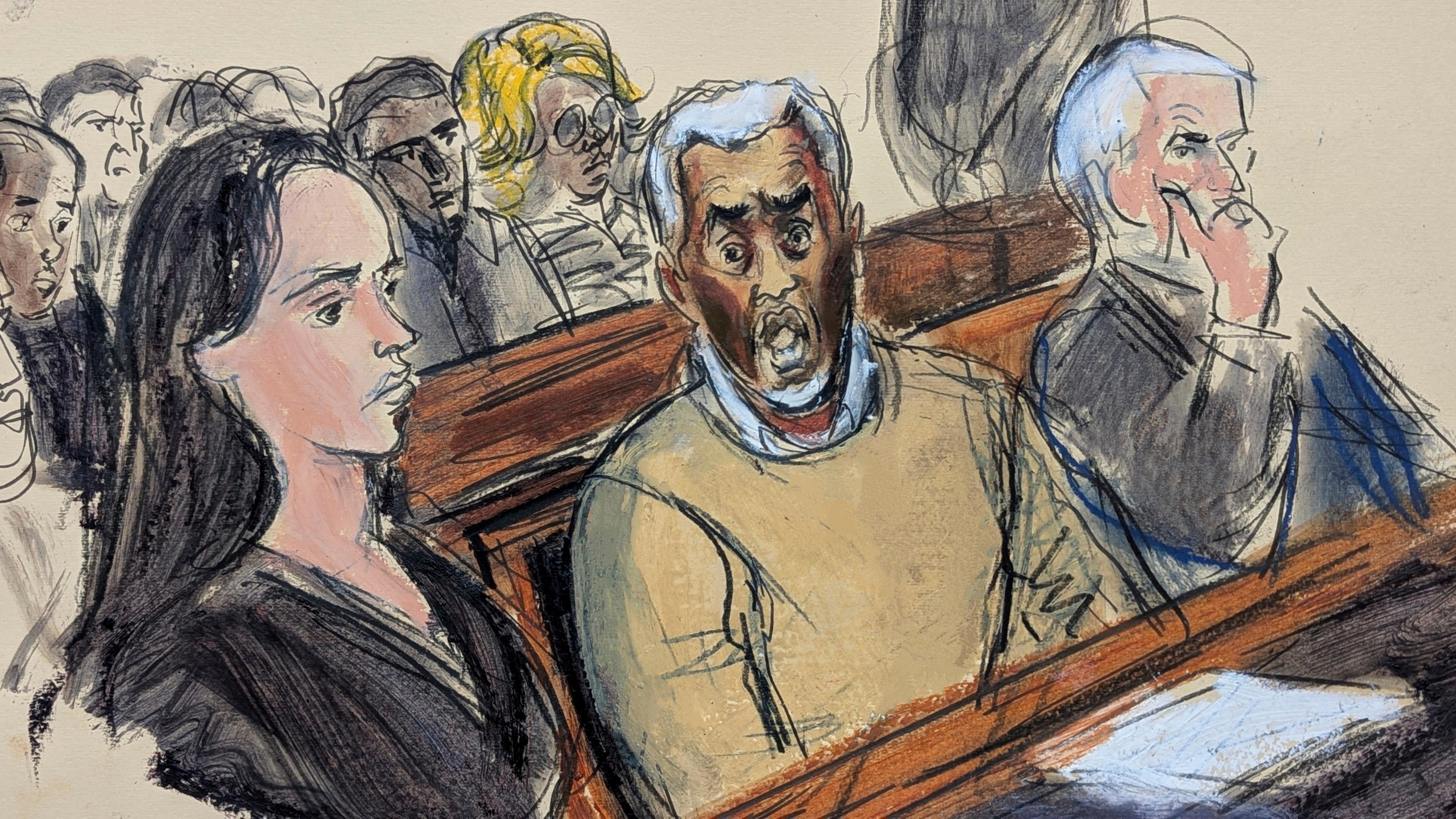Teny Geragos (links), Brian Steel (rechts), und Sean "Diddy" Combs (Mitte) reagieren nach einem Urteil.