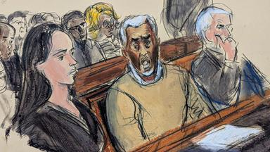 Teny Geragos (links), Brian Steel (rechts), und Sean "Diddy" Combs (Mitte) reagieren nach einem Urteil.
