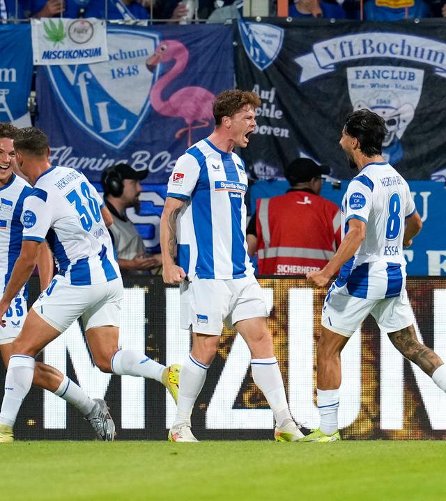 Spieler von Hertha BSC feiern das 0:1 durch Sebastian Groenning.