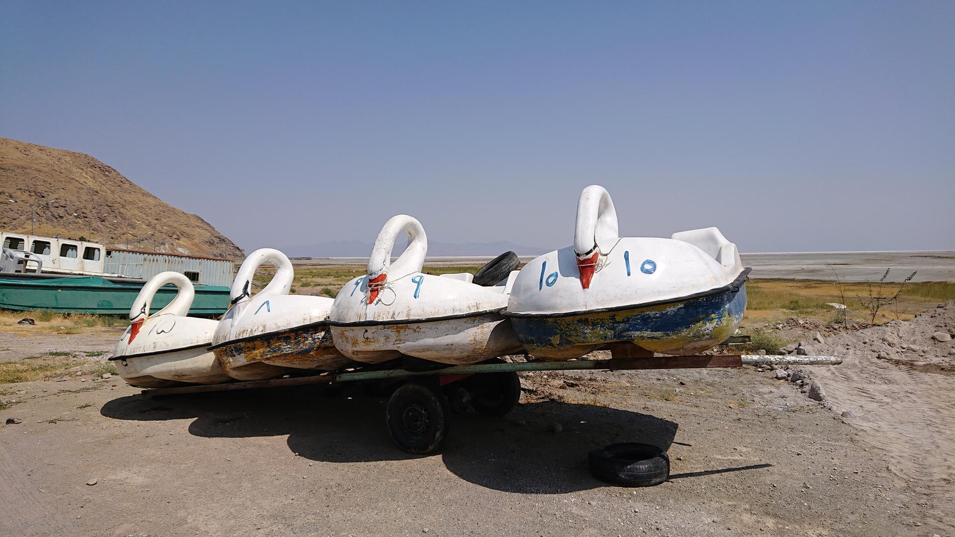 Mehrere Schwanenboote am Ufer des Urmiasees.