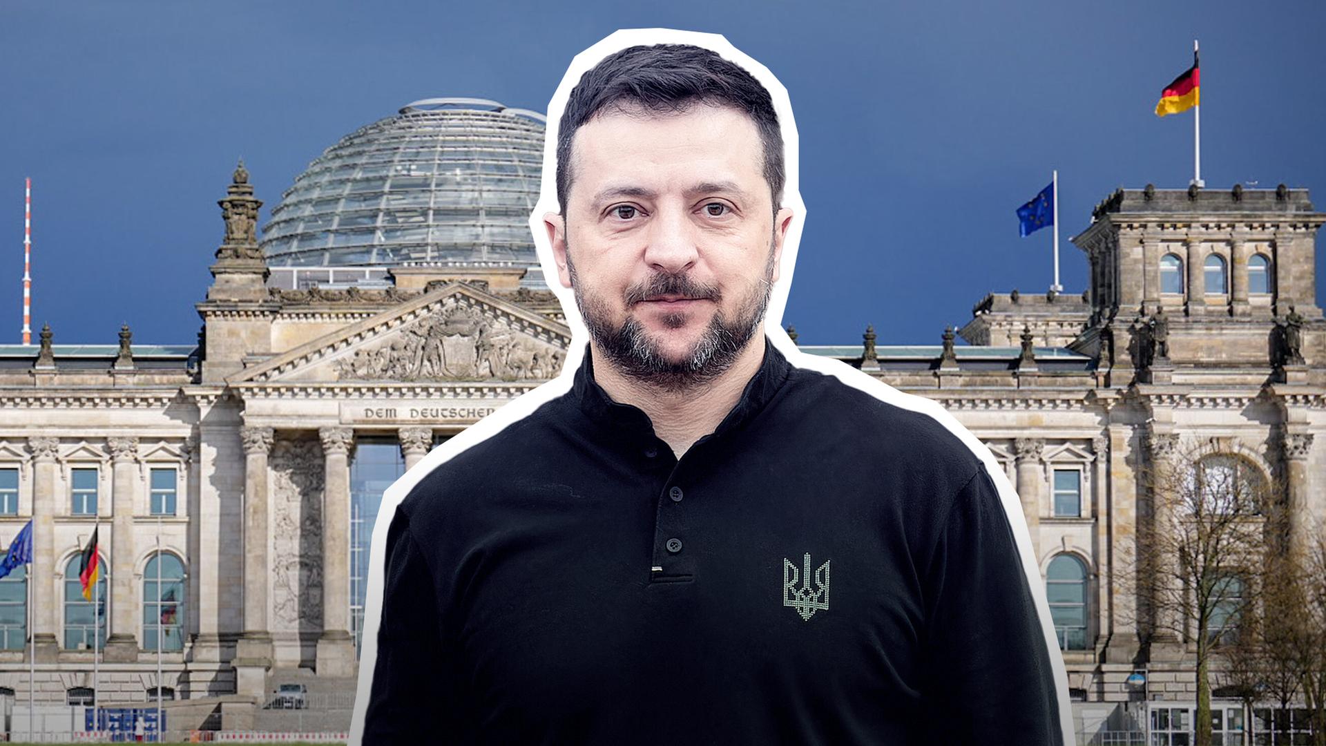 Der ukrainische Präsident Selenskyj ist vor dem deutschen Bundestagsgebäude abgebildet.