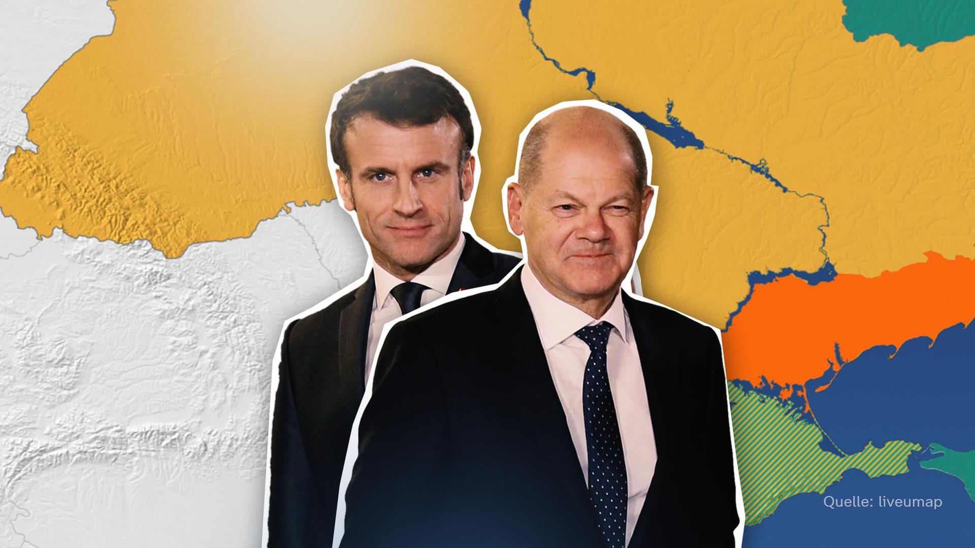 Der ukrainische Frontverlauf im Hintergrund rechts, Macron und Scholz im Vordergrund links. 