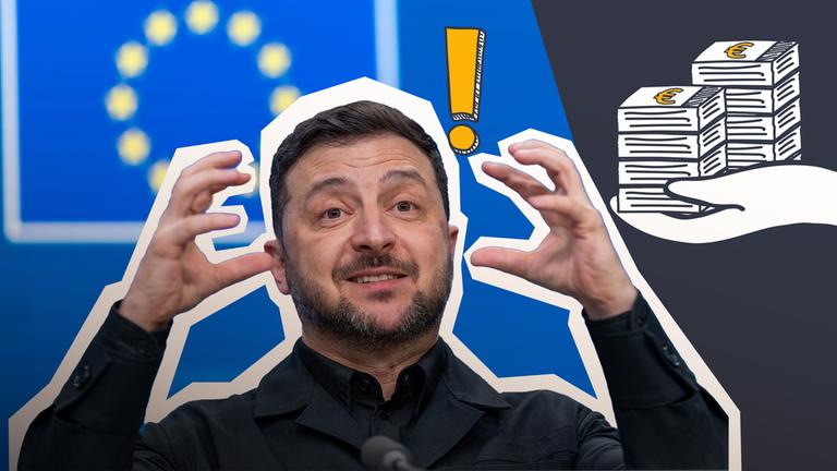Wolodymyr Selenskyj steht vor einer EU-Flagge; daneben ist ein Doodle mit Geld.