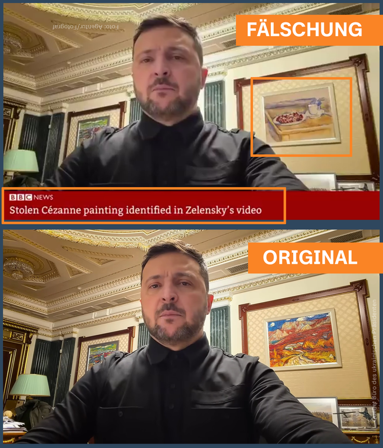 Oben der Ausschnitt aus dem manipulierten Video, unten das Original aus einem Video des ukrainischen Präsidentschaftsbüros.