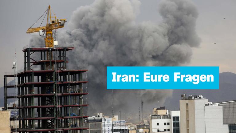 Rauchsäule in Iran mit Schrift "Iran: Eure Fragen"