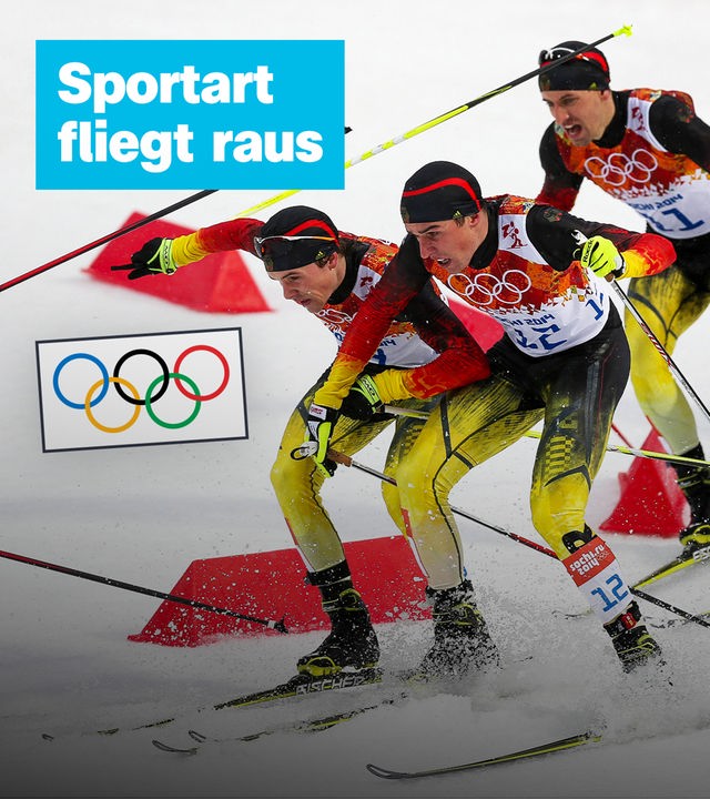 Grafik: Sportart fliegt raus. Drei Wintersportler auf Ski mit Stöckern