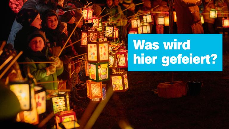 Kinder mit Laternen, Schrift "Was wird hier gefeiert?"