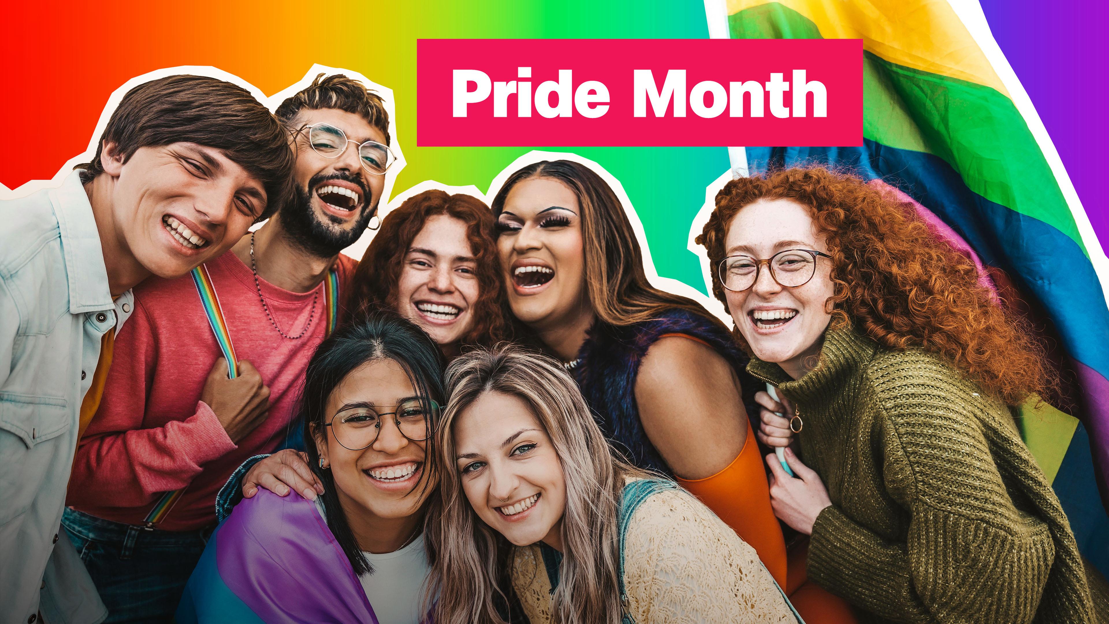 Verschiedene Menschen vor Regenbogenflagge, darüber steht Pride Month