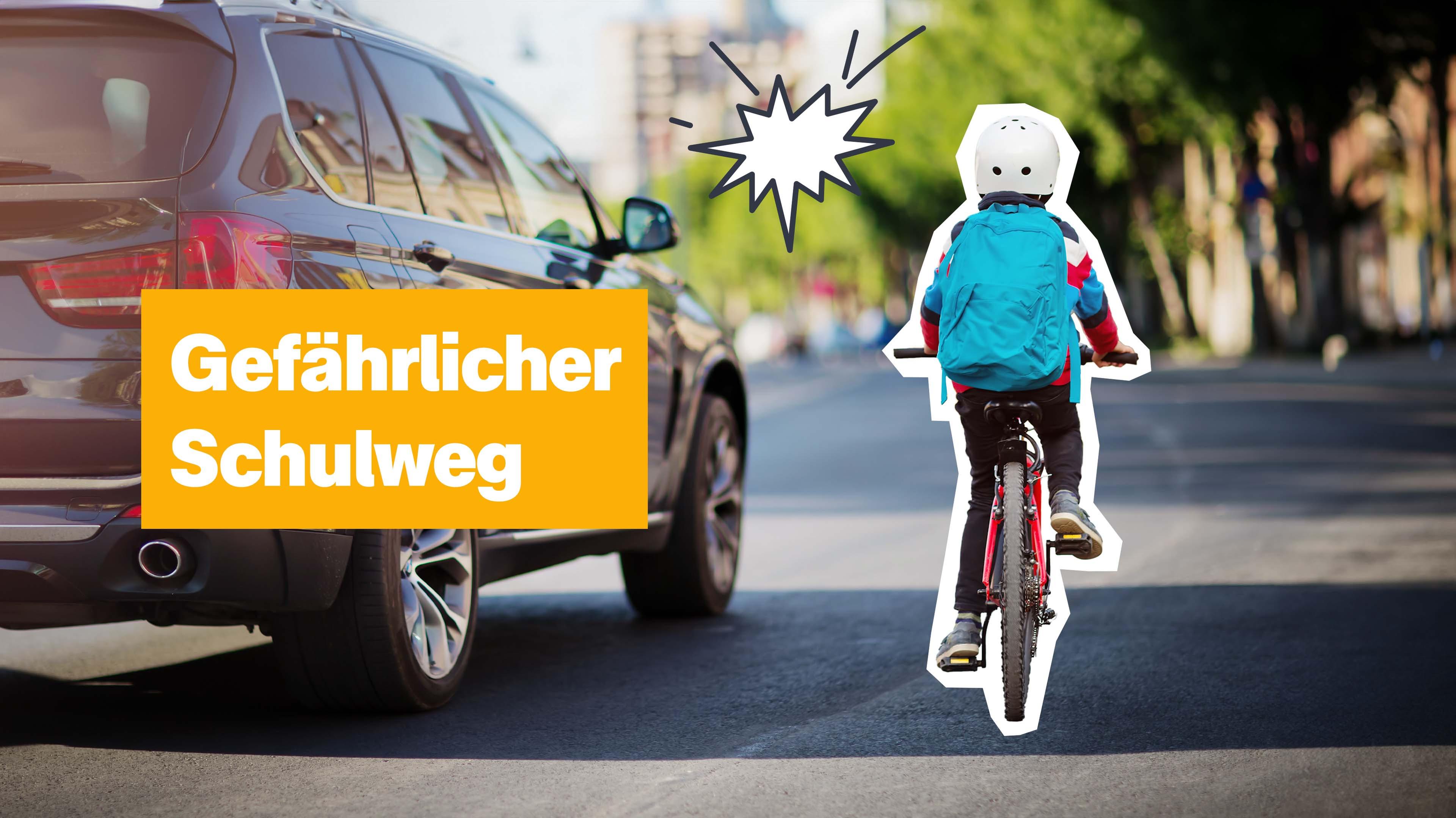 Ein Kind mit Rucksack fährt auf einem Fahrrad neben einem Auto auf der Straße. Links der Text: "Gefährlicher Schulweg". 