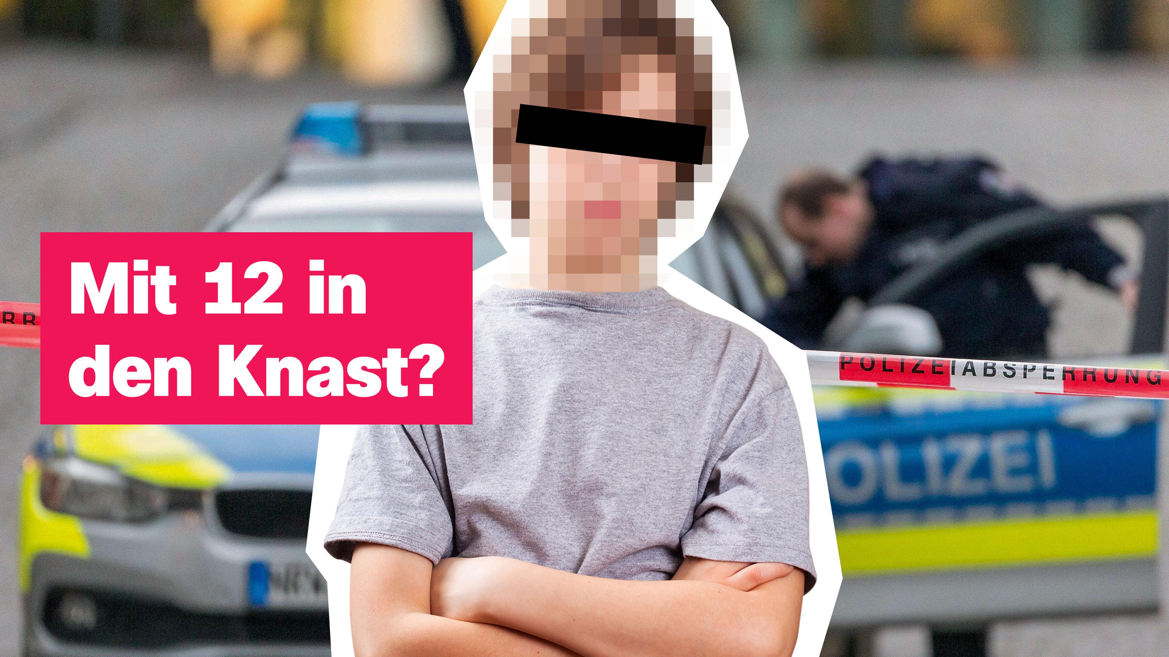 Ein Junge, dessen Gesicht unkenntlich gemacht wurde, steht mit verschränkten Armen vor einem Polizeiauto. Links von ihm der Text "Mit 12 in den Knast?"