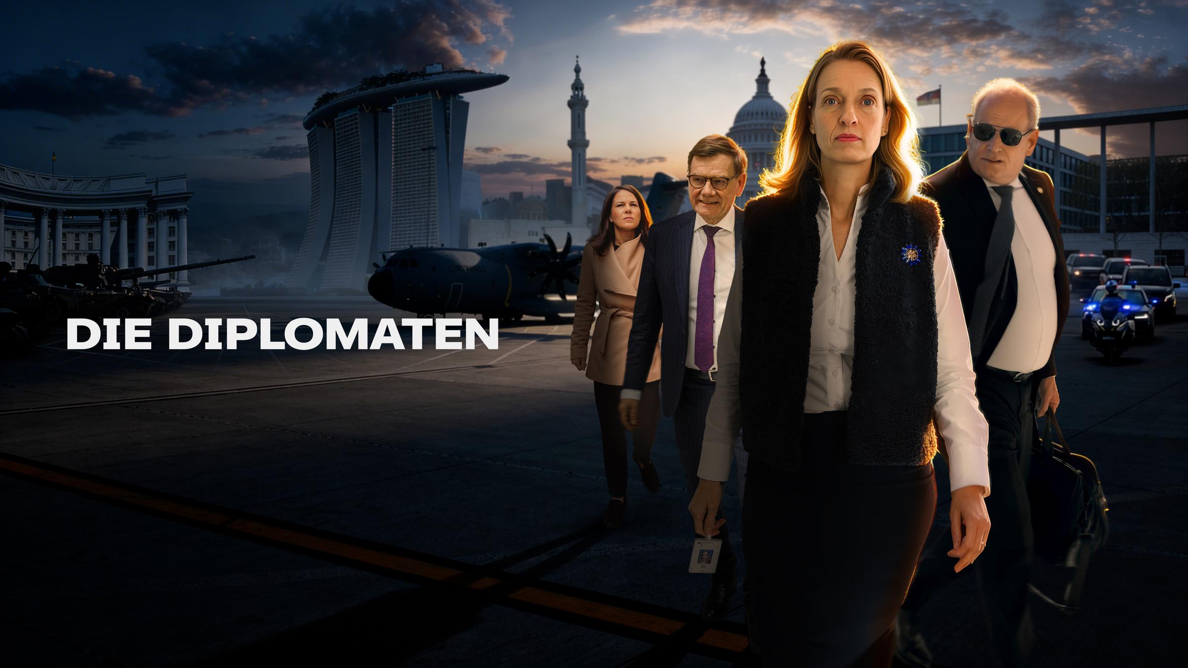 Manja Kliese (Krisenreaktionszentrum), Jens Hanefeld (Botschafter in den USA), Johann Wadephul (Außenminister) und Annalena Baerbock (Außenministerin 2021-2025) im Vordergrund, im Hintergrund ein Flugzeug der Luftwaffe, das Weiße Haus, das Auswärtige Amt und Marina Bay Sands.