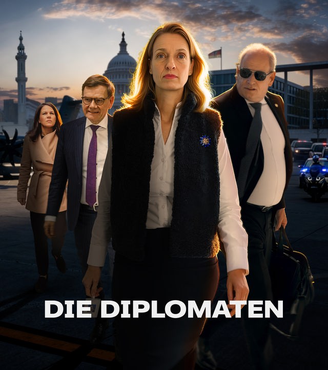 Manja Kliese (Krisenreaktionszentrum), Jens Hanefeld (Botschafter in den USA), Johann Wadephul (Außenminister) und Annalena Baerbock (Außenministerin 2021-2025) im Vordergrund, im Hintergrund ein Flugzeug der Luftwaffe, das Weiße Haus, das Auswärtige Amt und Marina Bay Sands.