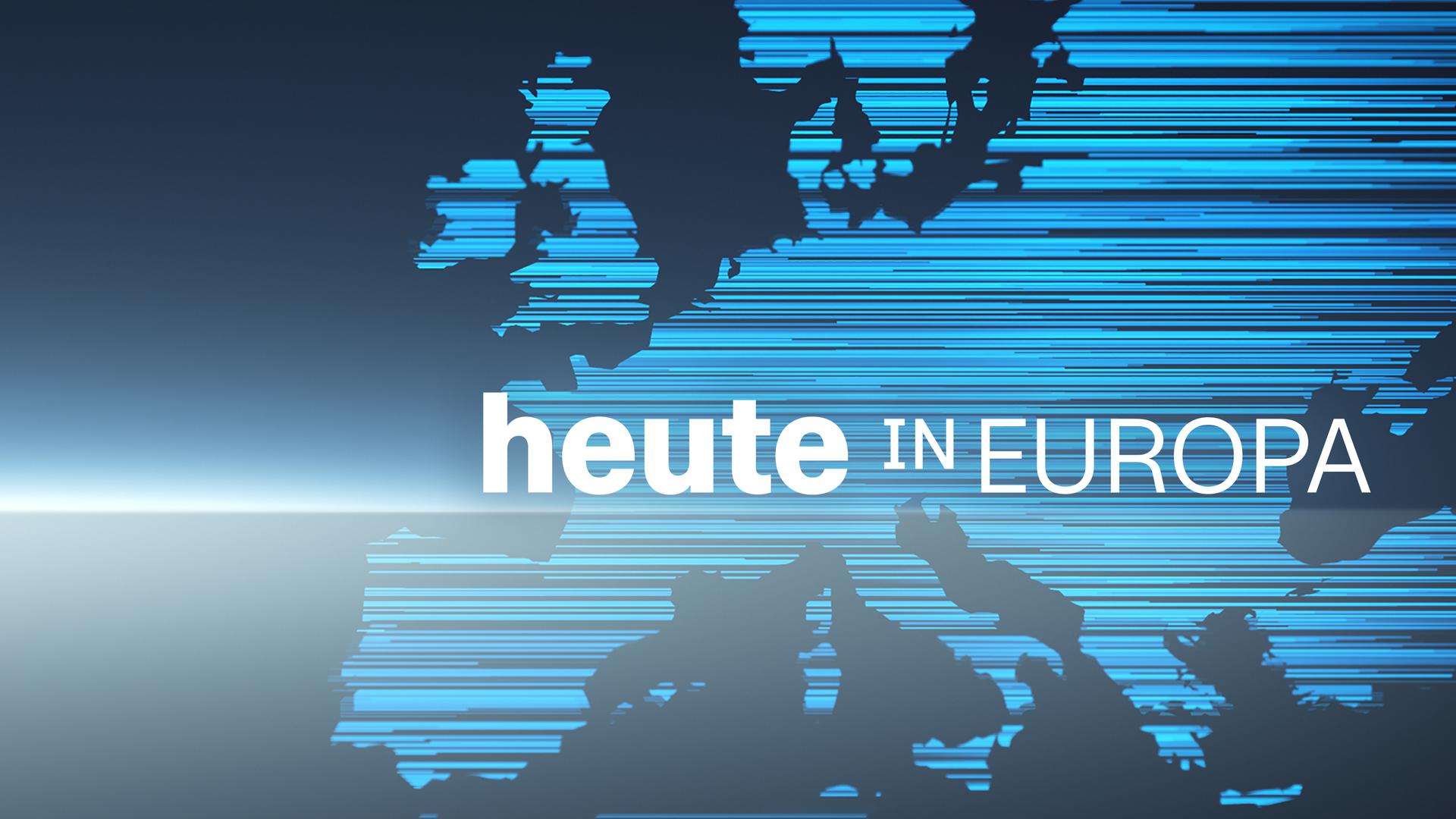 Der Sendungstitel "heute in Europa" steht vor einer Europakarte aus blauen Strichen. 