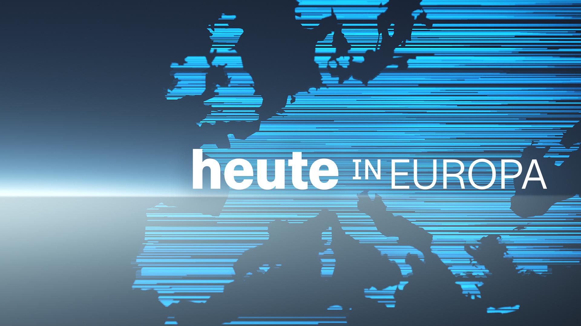Der Sendungstitel "heute in Europa" steht vor einer Europakarte aus blauen Strichen. 