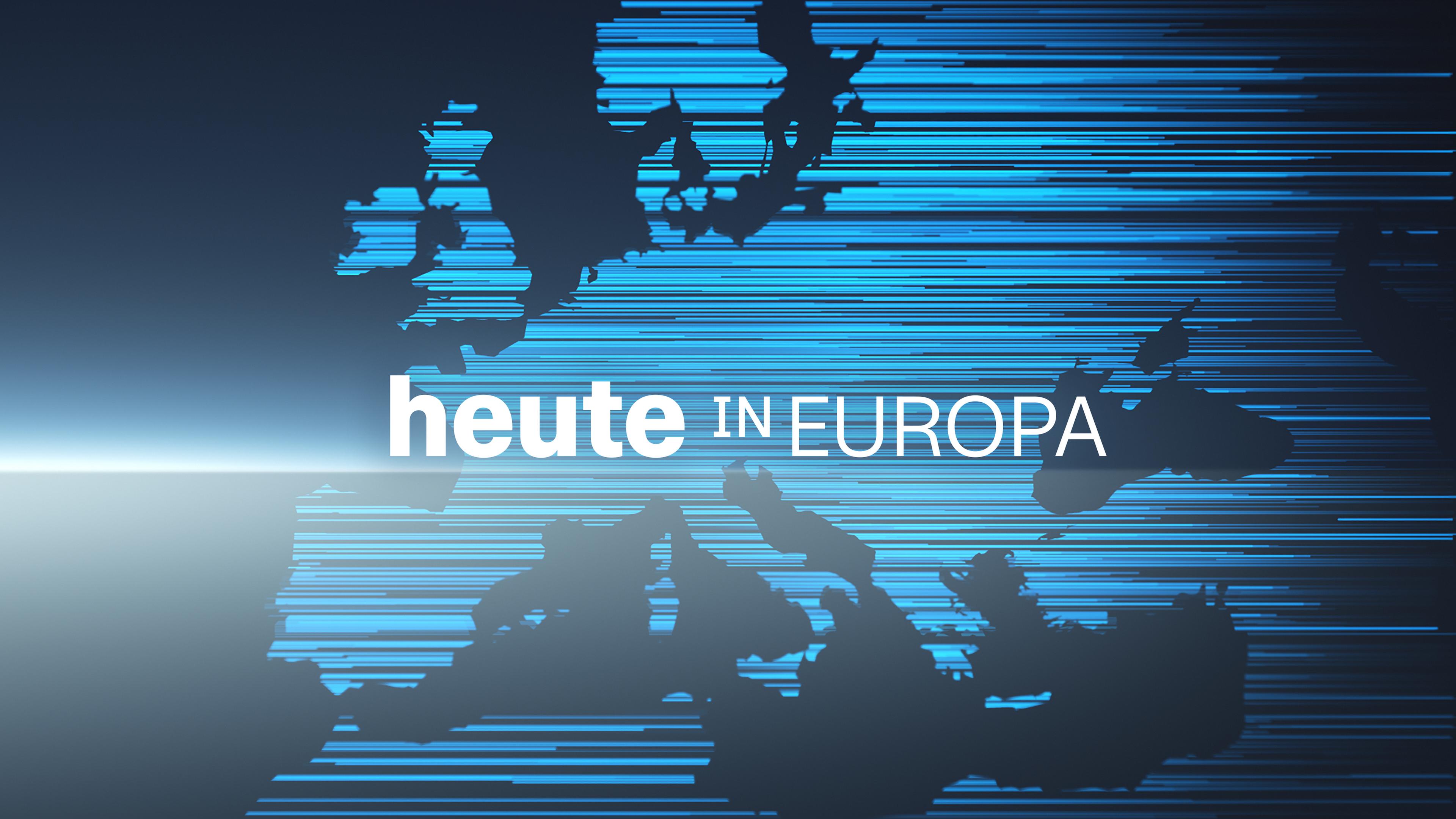 Der Sendungstitel "heute in Europa" steht vor einer Europakarte aus blauen Strichen. 