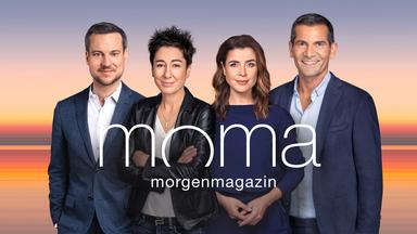 Der Schriftzug "moma Morgenmagazin" steht vor einem Farbverlauf, der an einen Sonnenaufgang erinnert.