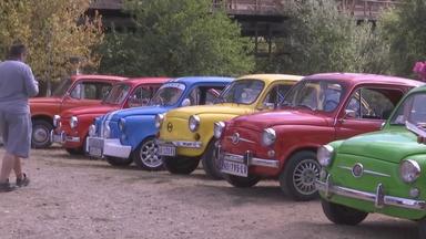 Bei einem Oldtimer-Treff in Serbien stehen mehrere Autos der Marke und des Modells Zastava 750 in einer Reihe.