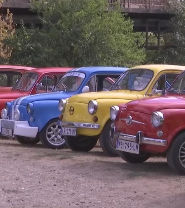 Bei einem Oldtimer-Treff in Serbien stehen mehrere Autos der Marke und des Modells Zastava 750 in einer Reihe.