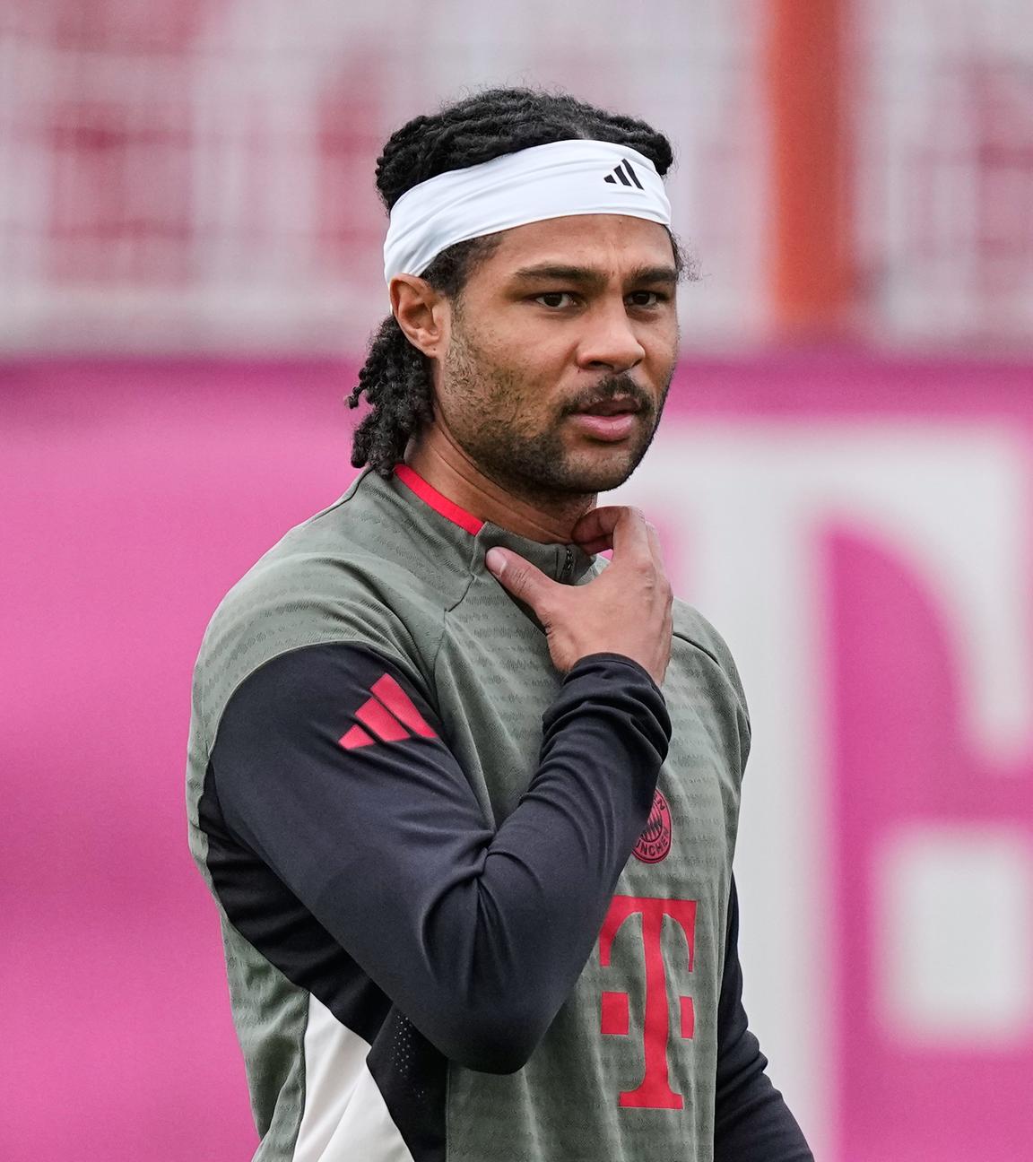 Serge Gnabry ist während einer Trainingseinheit vor dem Viertelfinal-Rückspiel der Champions League am Dienstag, dem 14. April 2026, in München zu sehen.