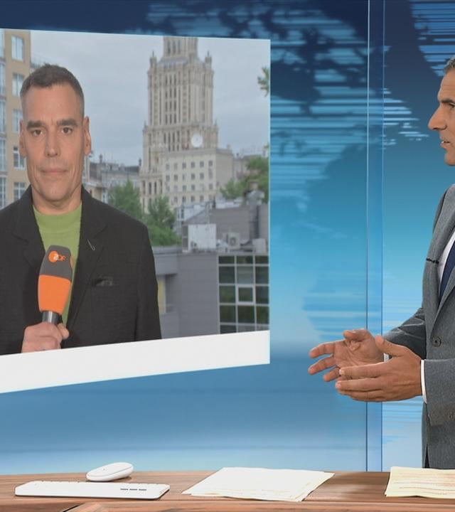 ZDF-Korrespondent Armin Coerper, zugeschaltet aus Moskau, im Gesspräch mit Moderator Mitri Sirin im Studio.