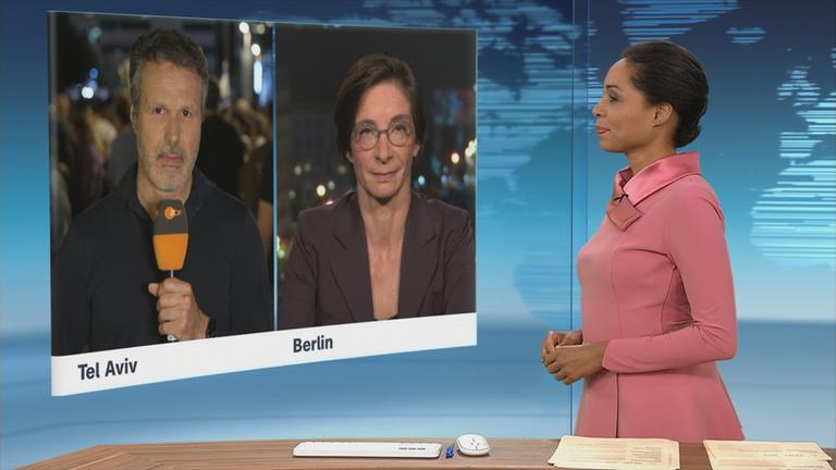 Die ZDF-Korrespondent*innen Thomas Reichart und Diana Zimmermann bei einem Schaltgespräch.