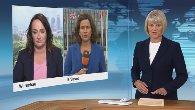 Die ZDF-Korrespondentinnen Natalie Steger und Isabelle Schaefers bei einem Schaltgespräch.