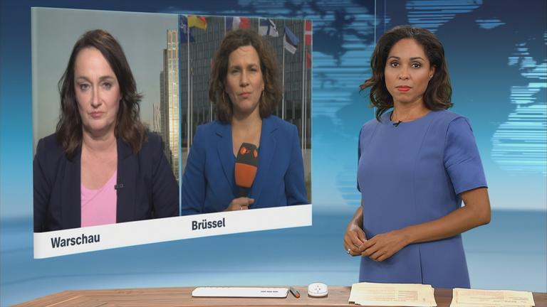 Die ZDF-Korrespondentinnen Natalie Steger und Isabelle Schaefers bei einem Schaltgespräch.