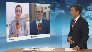 Moderator im Schaltgespräch mit den ZDF-Korrespondent*innen Scarlett Sternberg und Ulf Röller