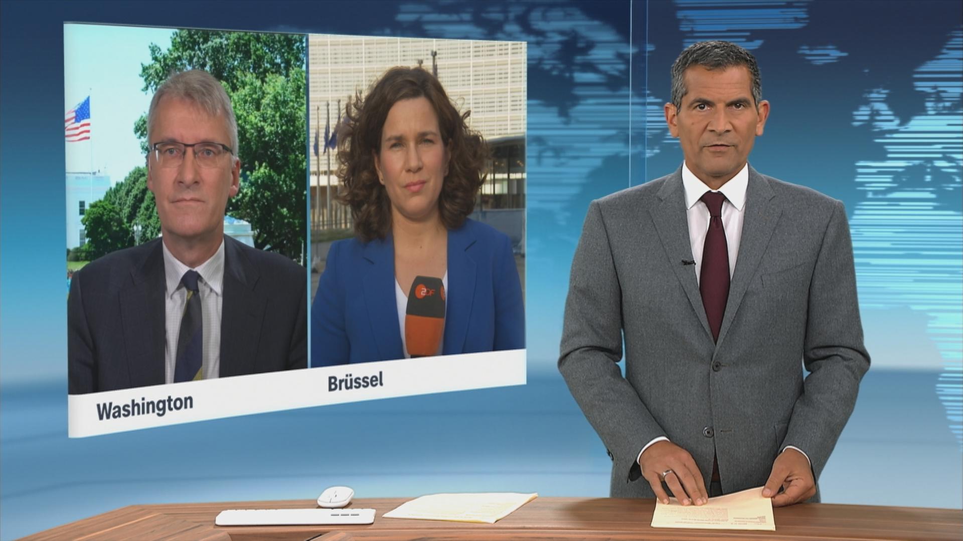 ZDF-Korrespondent Elmar Theveßen und ZDF-Korrespondentin Isabelle Schäfers berichten ins ZDFheute Studio.