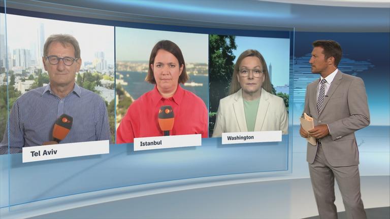 Die ZDF-Korrespondenten Luc Walpot, Phoebe Gaa und Claudia Bates im Schaltgespräch mit der heute