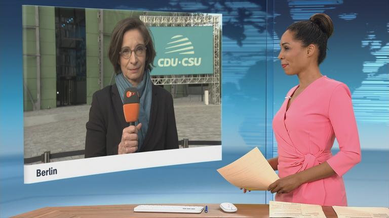 Moderatorin im Schaltgespräch mit ZDF-Korrespondentin Diana Zimmermann