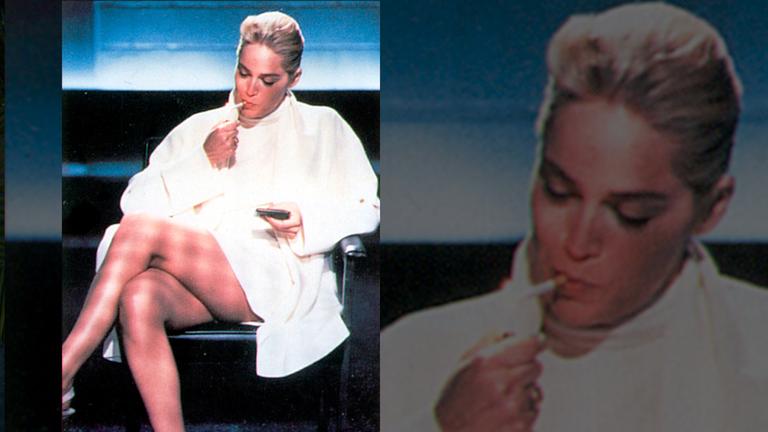 Schausspielerin Sharon Stone raucht eine Zigarette. 