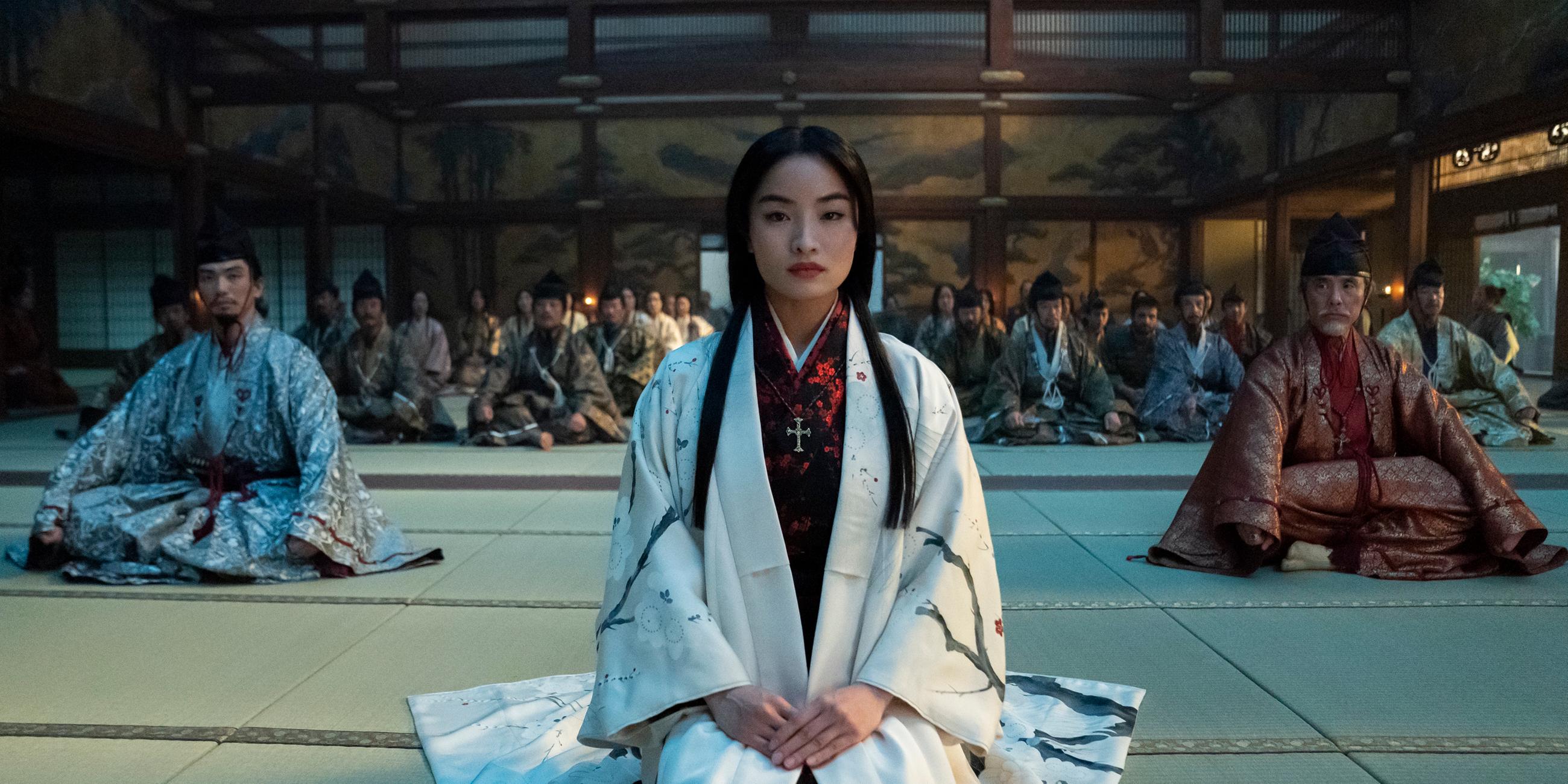 Eita Okuno als Saeki Nobutatsu, Anna Sawai als Toda Mariko, Hiromoto Ida als Kiyama Ukon Sadanaga in einer Szene aus "Shogun".